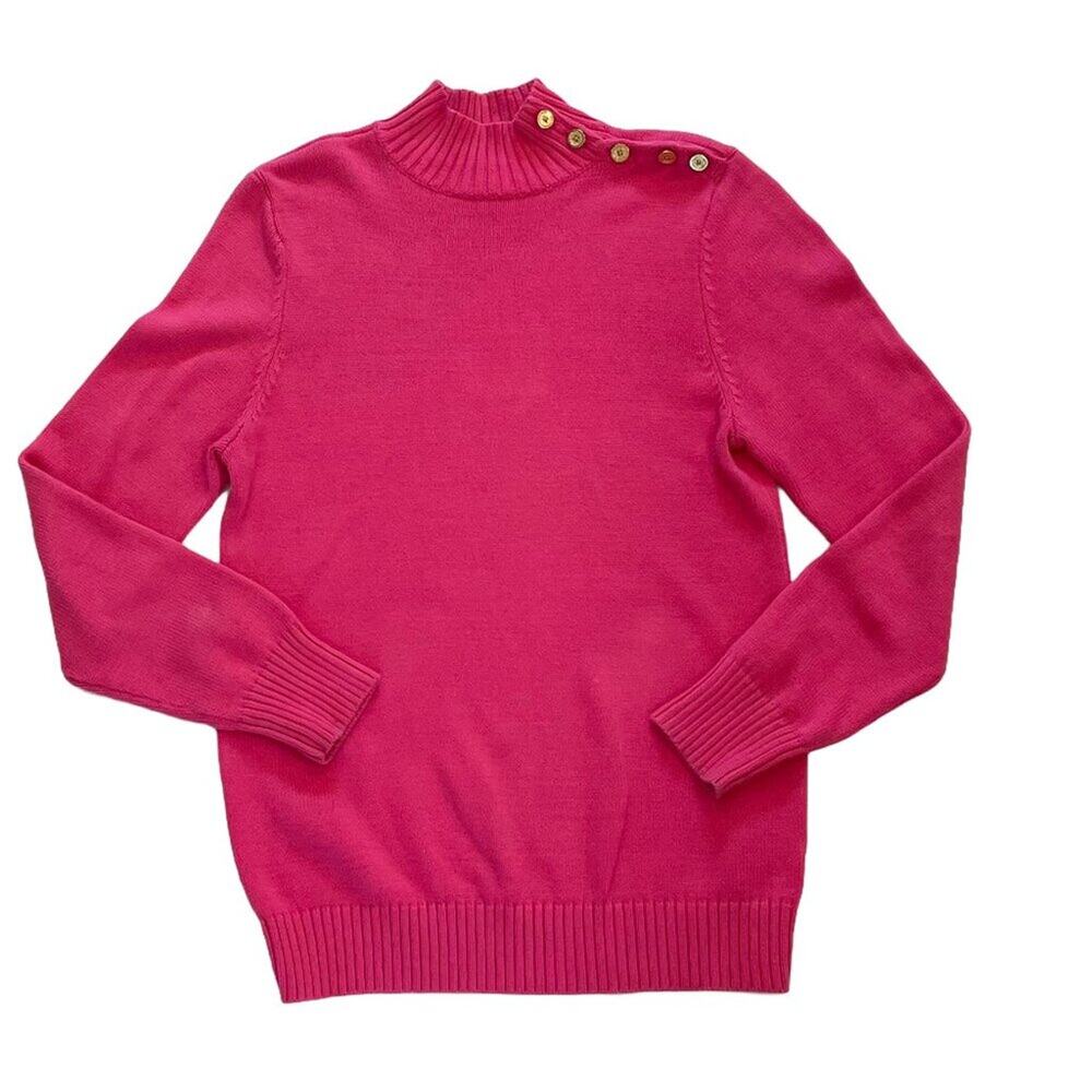 Liz Claiborne Pink Cotton Long Sleeve Mock Neck Sweater Gold Button Neck, L